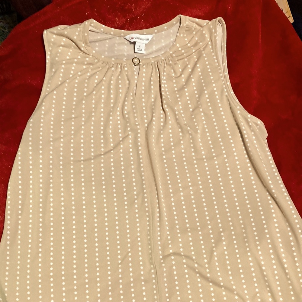 Liz Claiborne SZ Large Sleeveless Top Beige w White Dots